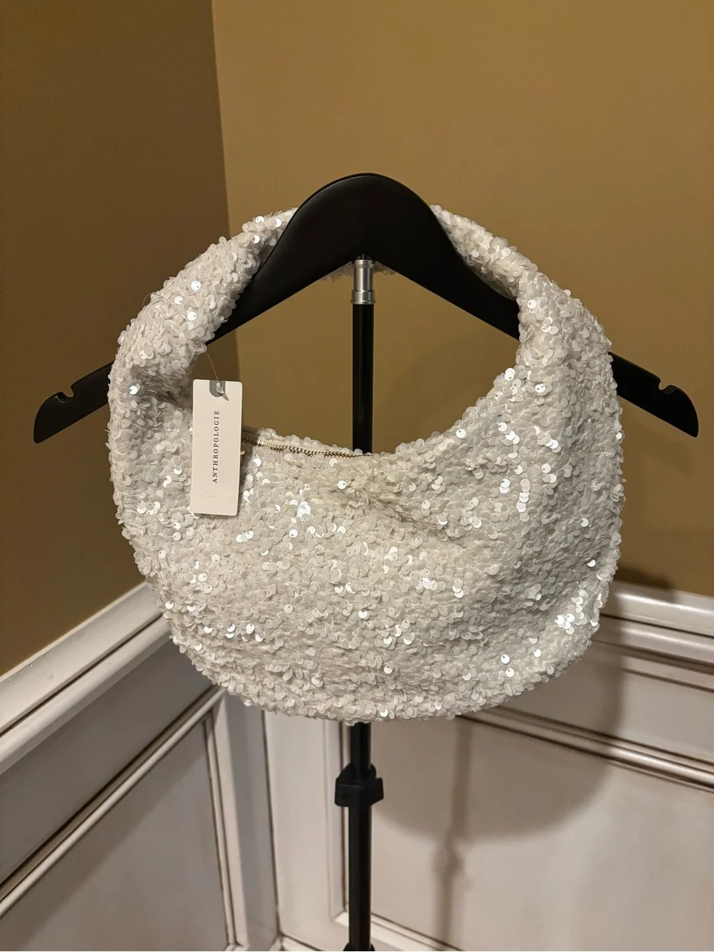 Anthropologie White Sequin Shoulder Hobo